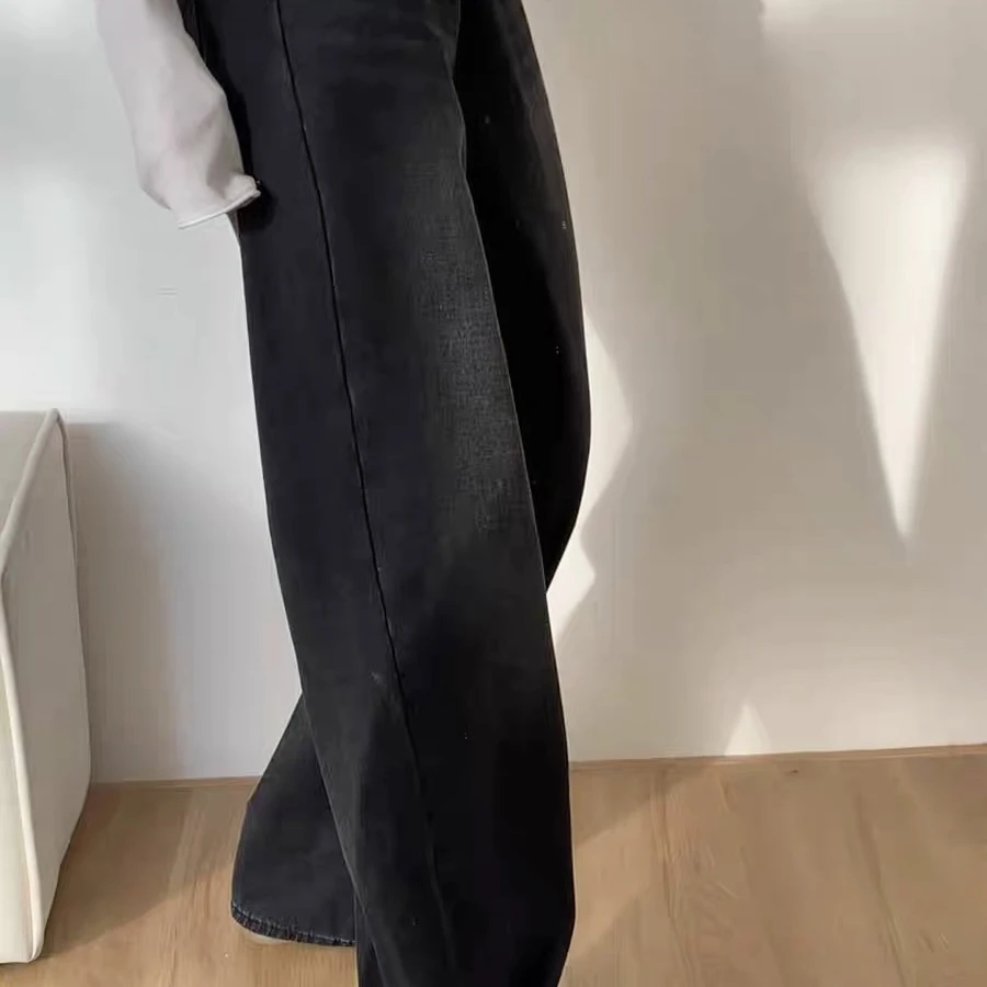 E7564 美式直筒加绒牛仔裤高腰显瘦垂感百搭拖地阔腿裤