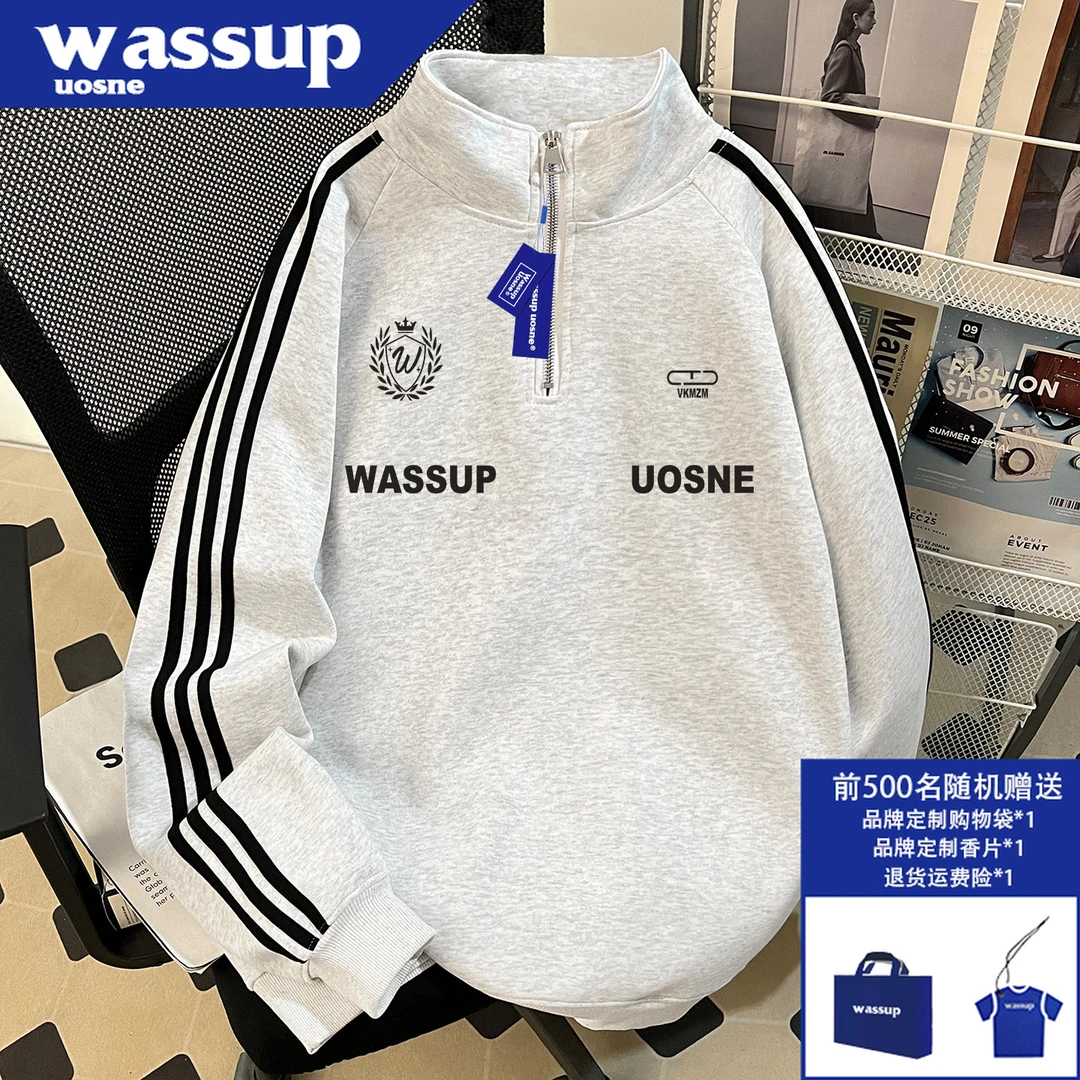 WASSUP UOSNE潮牌高级感半拉链套头翻领卫衣男2025秋冬大码上衣服