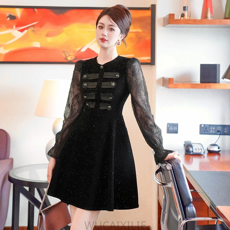 miu系法式复古礼服裙千金赫本风丝绒连衣裙收腰显瘦小黑裙45401