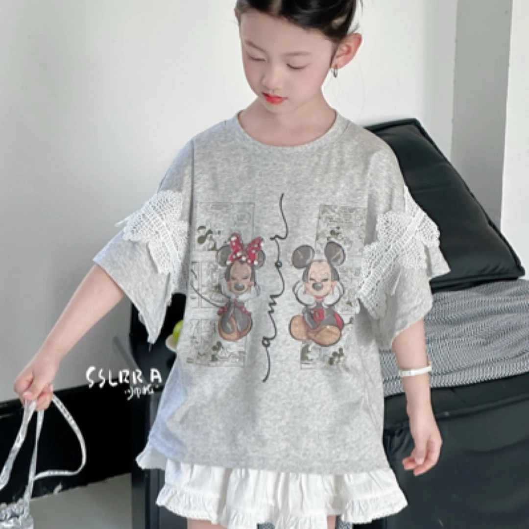 6294女童短袖T恤2025夏季新款洋气儿童花边上衣中大童夏装体恤