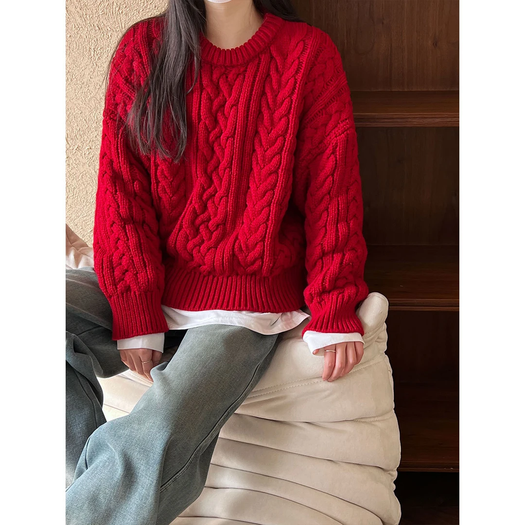 加厚麻花毛衣针织慵懒风女秋冬季新款宽松慵懒圣诞氛围感红色上衣