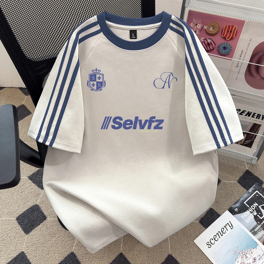 潮流休闲条纹三条杠T恤美式高街2025夏季宽松重磅短袖上衣男女