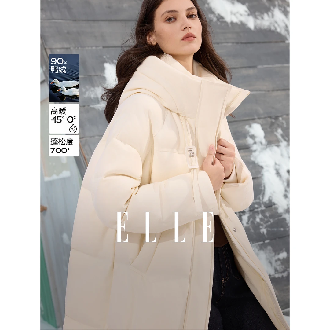 ELLE女装90白鸭绒中长款廓形连帽羽绒服25冬新款保暖外套EY53359