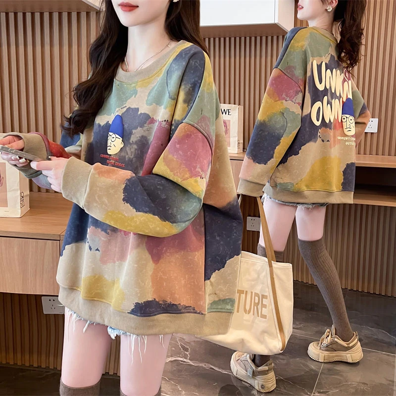 早秋设计感小众卫衣女春秋季宽松大码女装学生小个子扎染上衣外套