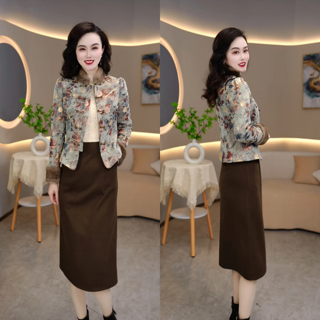 外套+连衣裙2024冬季加厚国风时尚气质修身显瘦套装连衣裙M-4XL