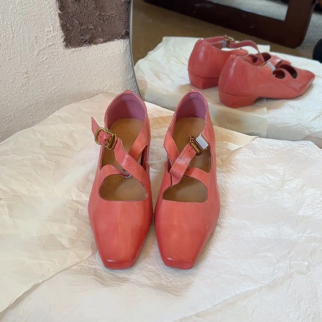 【王二今】马皮/2.5CM/重工水洗交叉带玛丽珍气质浅口芭蕾舞单鞋女