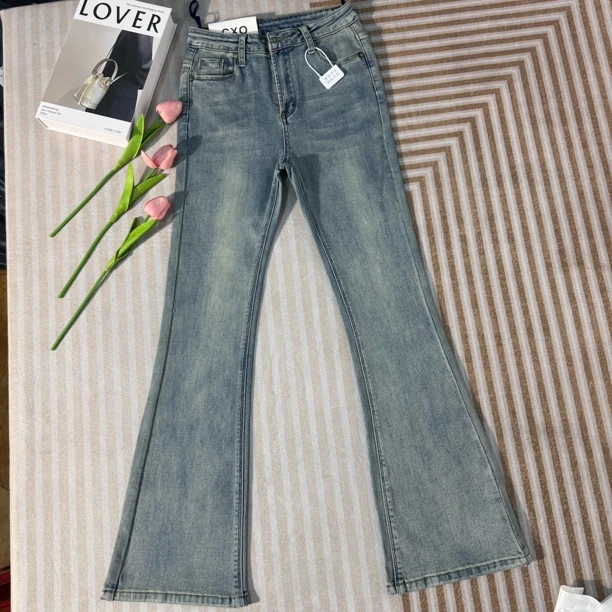 高腰修身浅蓝色弹力微喇牛仔裤女百搭拖地长裤小个子适用