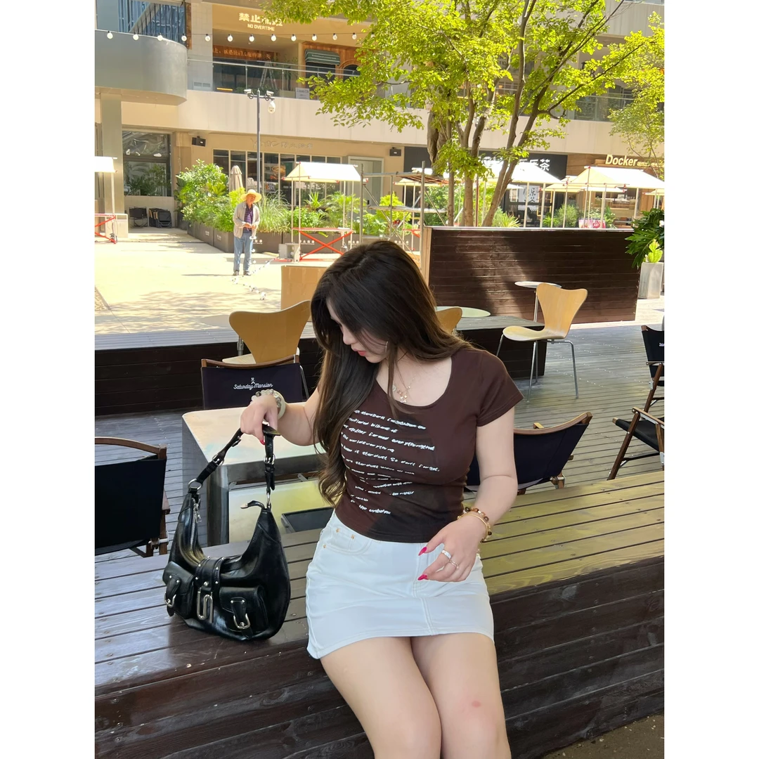 卤蛋公主【复古美式】大码胖mm显瘦巧克力色短袖T恤短款设计感上衣