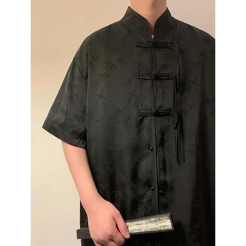 高级垂感冰丝衬衫男夏季薄款中国风短袖茶服大码宽松缎面唐装外套