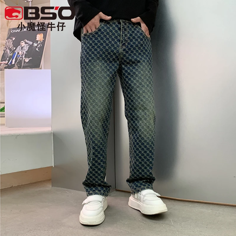 小魔怪欧美潮牌感裤子男痞帅全满印提花刺绣高街直筒牛仔裤男