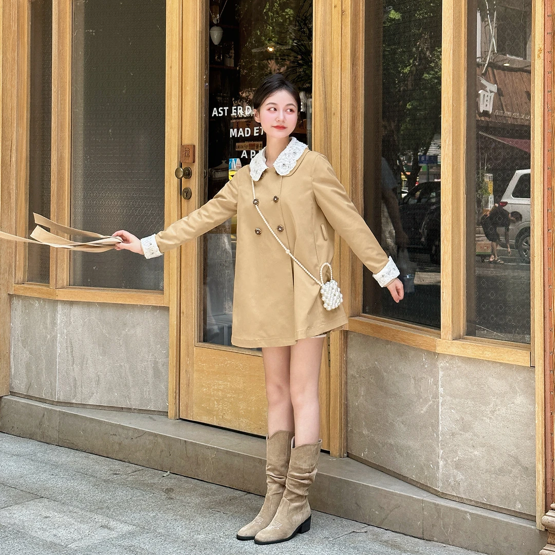 【秋日序章】小个子定制秋季气质蕾丝娃娃领中长款风衣外套女