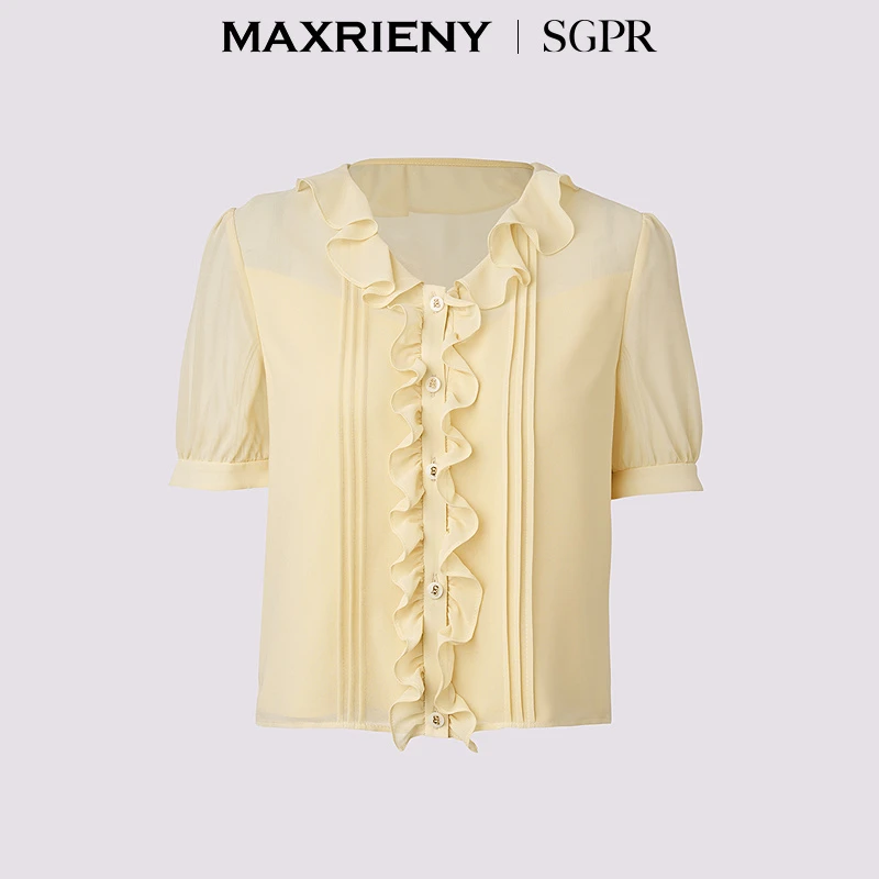 MAXRIENY【商场同款】2025夏季新款荷叶边装饰雪纺修身上衣