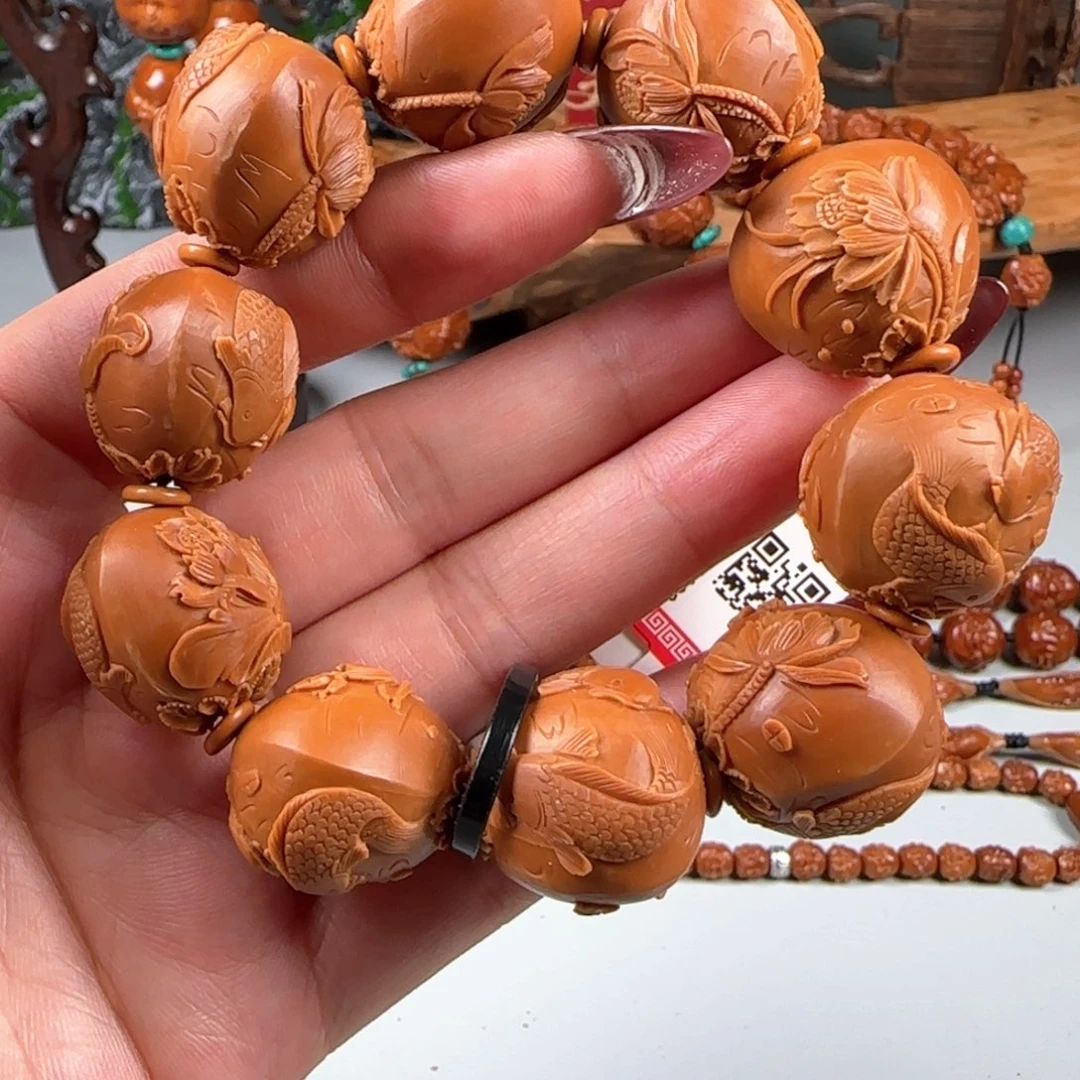 橄榄核手串/手链宽2.2老树铁核双面浮雕荷塘月色鲤鱼戏莲