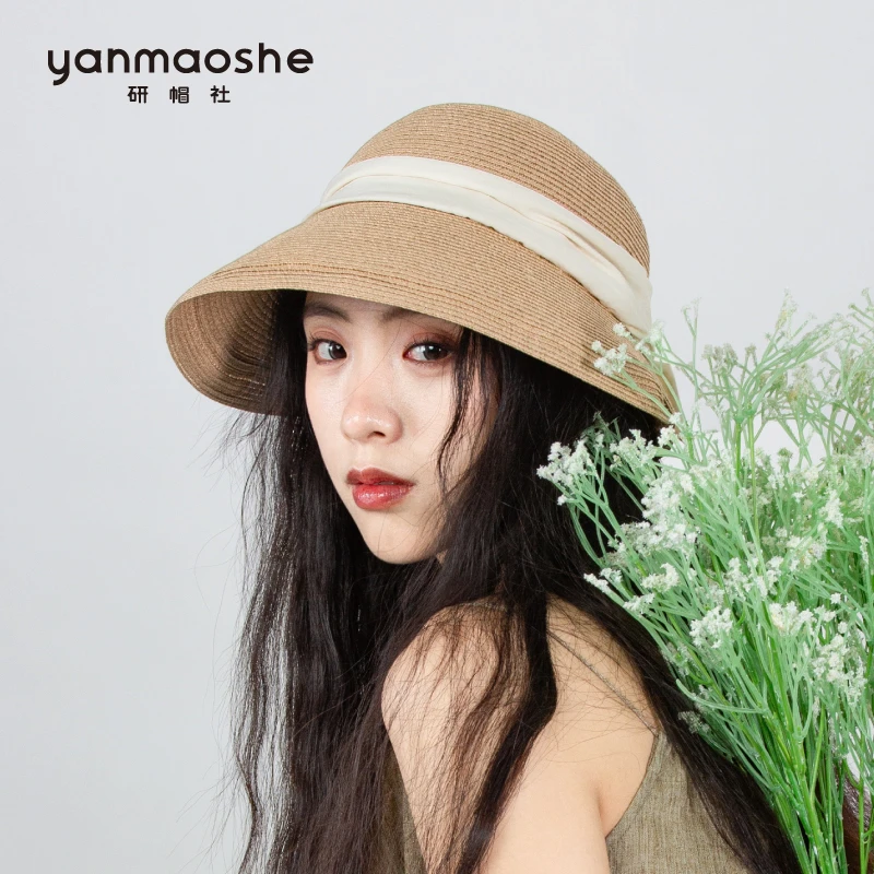研帽社春夏优雅蝴蝶结草帽女MZC054盆帽防晒太阳帽出游户外