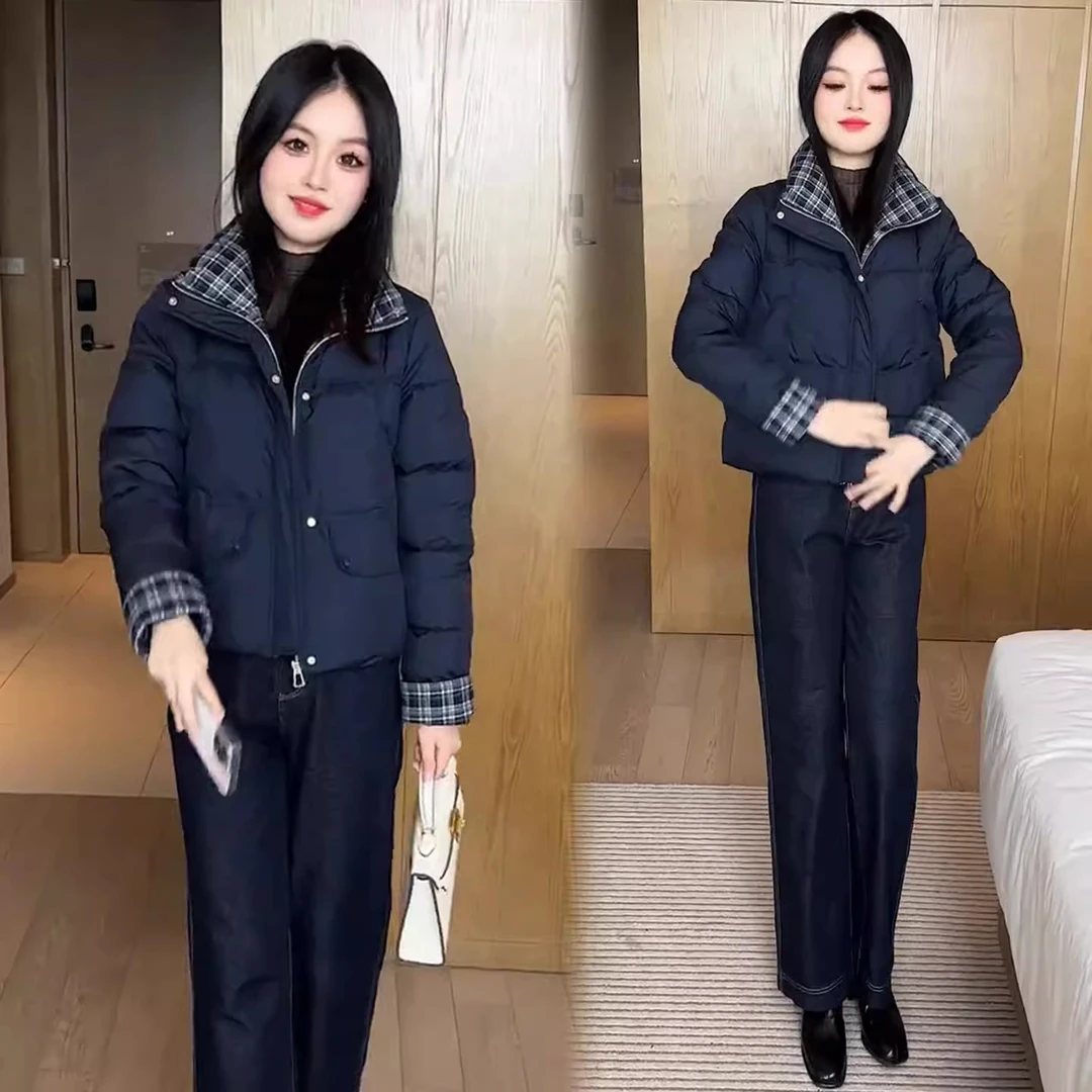 时尚格子拼接棉服女2025冬季新款宽松显瘦百搭加厚保暖棉衣外套潮