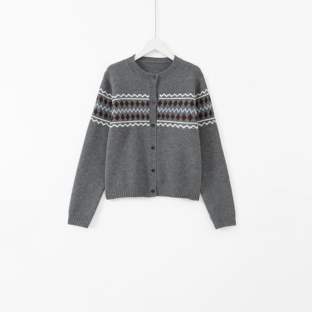 几里与麻 复古圆领菱格提花针织开衫 衣长53胸围100 2092644