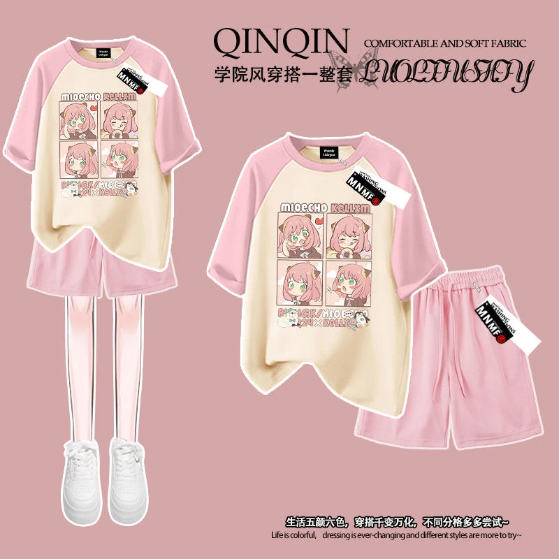 夏季新款纯棉女童短袖t恤短裤套装卡通日系阿尼亚少女印花中大童