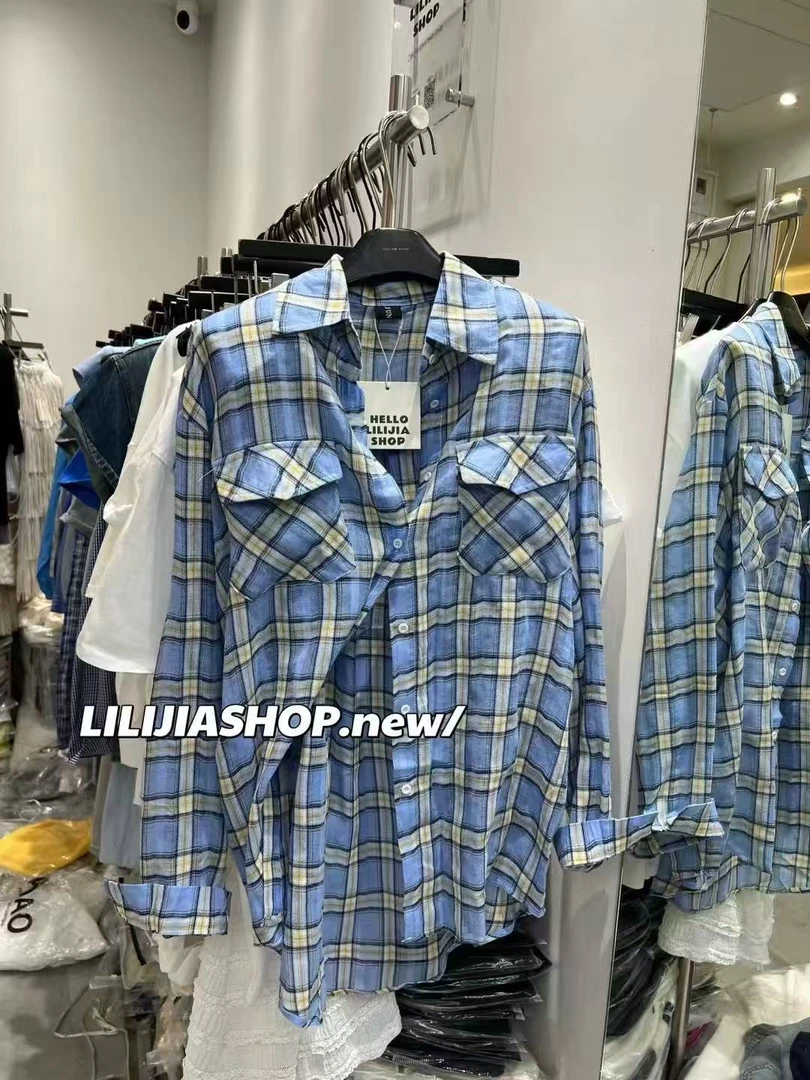 杭州LILI新款 颜色很美的超薄蓝色格子防晒衬衫