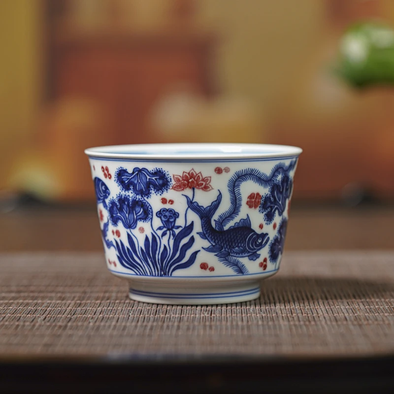 【小乔赏瓷】沐茗古韵青花釉里红鱼藻马蹄杯mmgy212茶具 景德镇