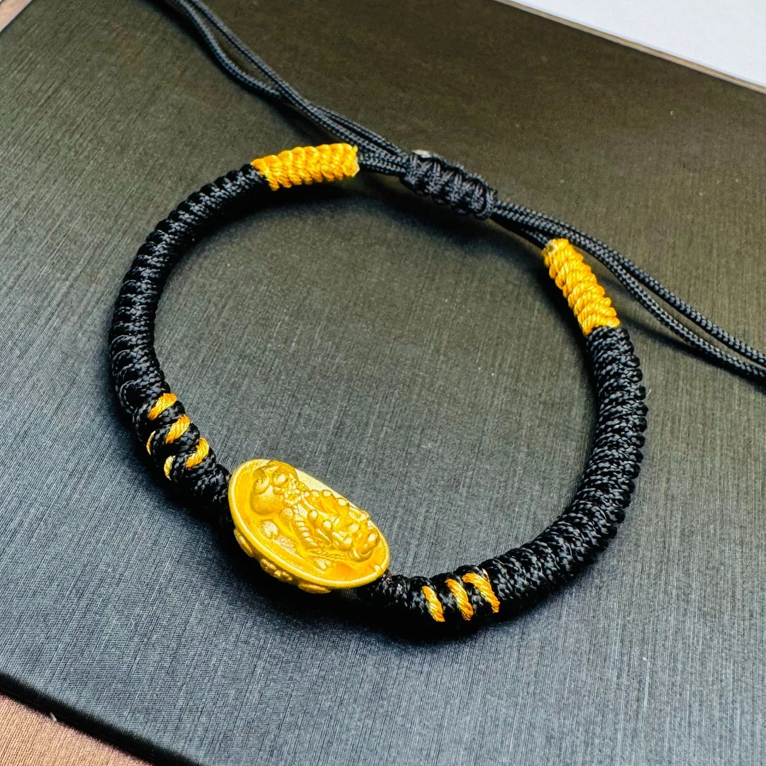 36#足金999 5D硬金工艺  黄金元宝貔貅转运珠黑绳编织
