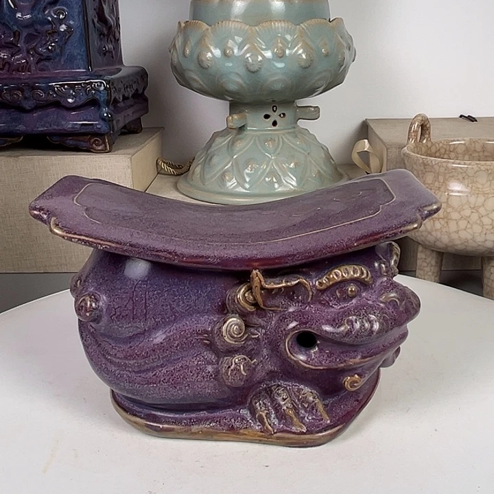 东***农瓷片均瓷玫瑰紫釉虎枕