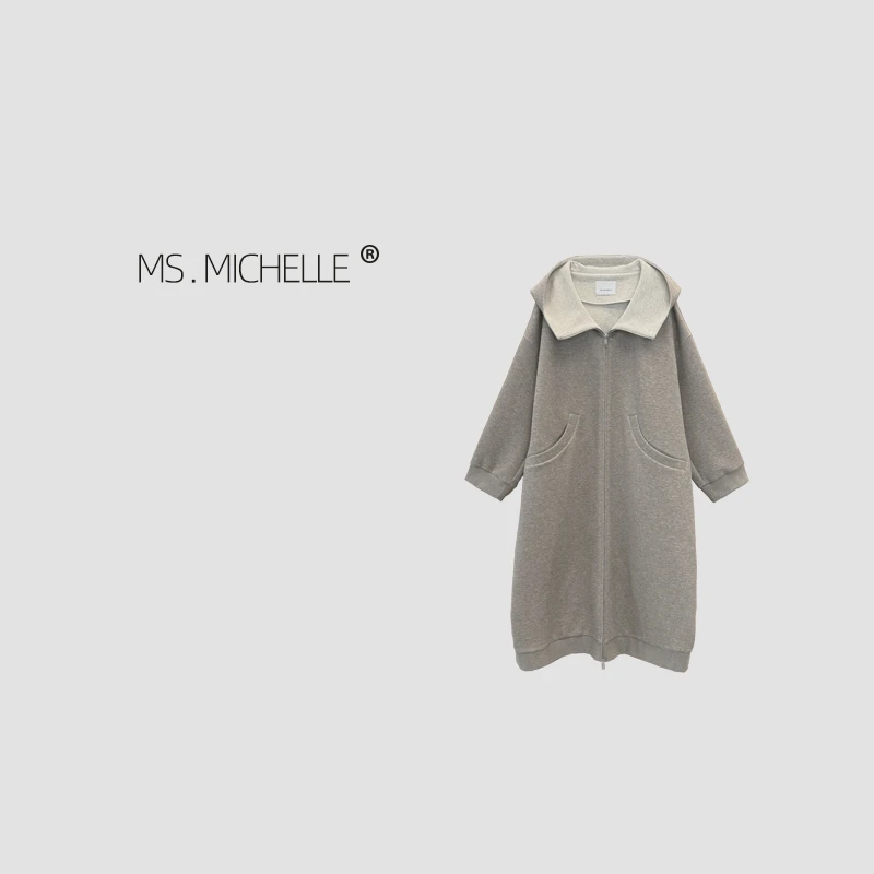 MS.MICHELLE 小众中长款宽松慵懒休闲双色花纱大帽子卫衣外套5334