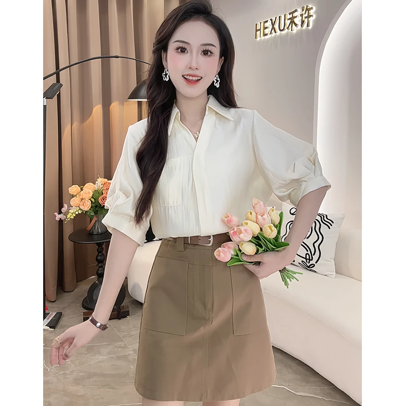 【现货】气质纯色短袖衬衫女装2024夏季新款小众宽松百搭显瘦上衣