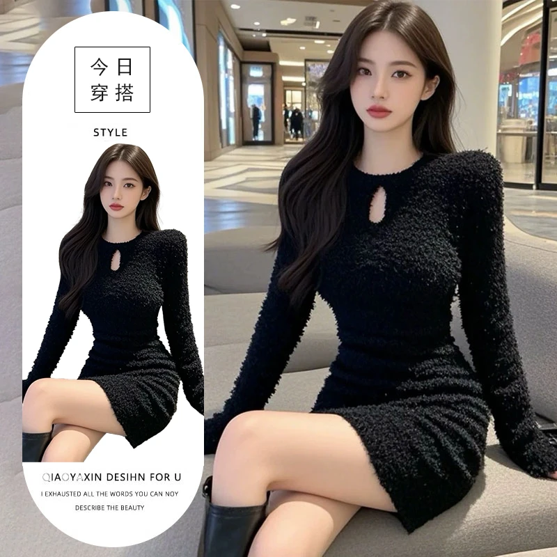 韩系纯欲风氛围感气质黑色炸街修身显瘦连衣裙2025秋装新款小黑裙