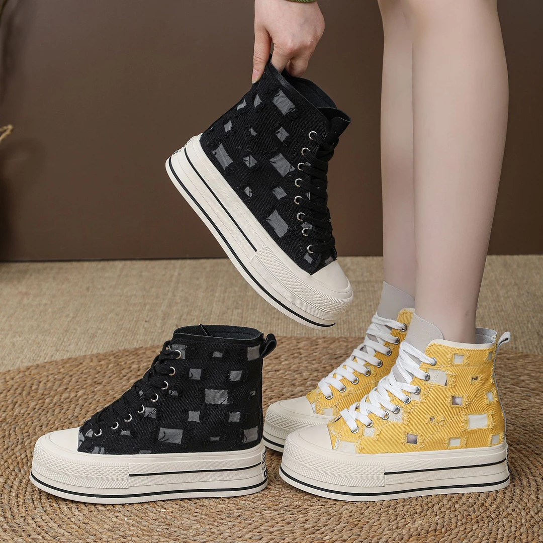 【跟高7、10厘米】厚底内增高帆布鞋女鞋2025春季新款时尚透气高帮鞋