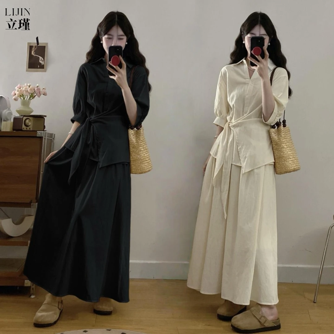 大码微胖mm遮肉套装女夏季2025高级感收腰气质衬衫半身裙子两件套