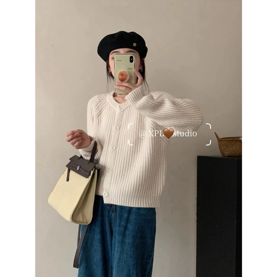 2025韩系秋冬简约百搭纯色上衣韩版慵懒风圆领开衫女82036#0.17