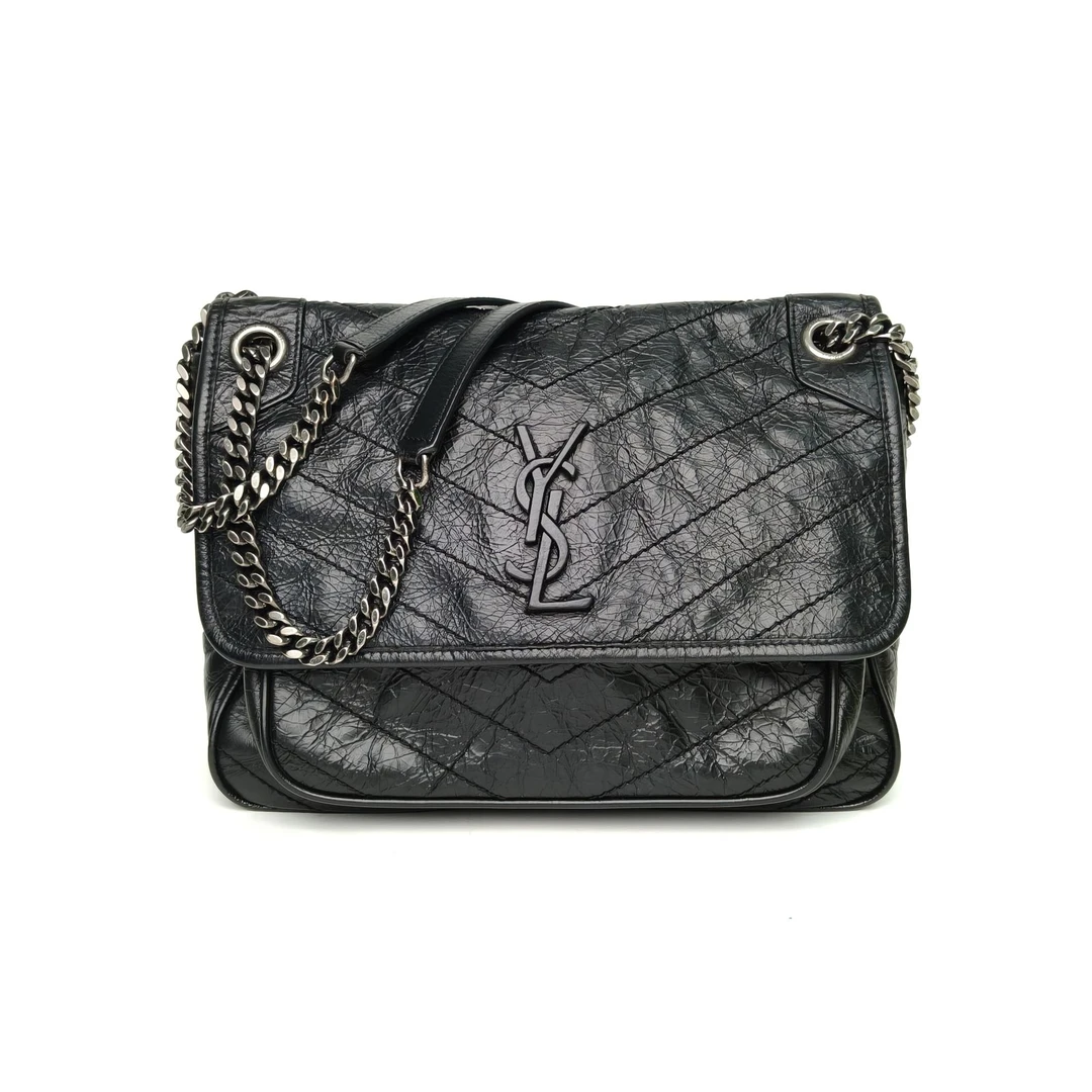 95新 YSL/圣罗兰 攀攀 Niki 中号 28 黑色 皮革C 银扣