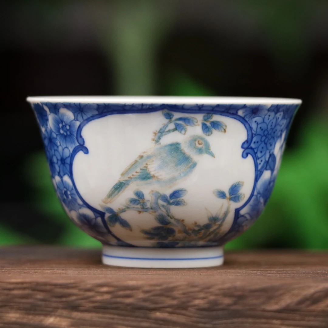 高端复古缠枝茶具青花釉花纹万花开窗花鸟陶瓷主人杯茶杯品茗杯