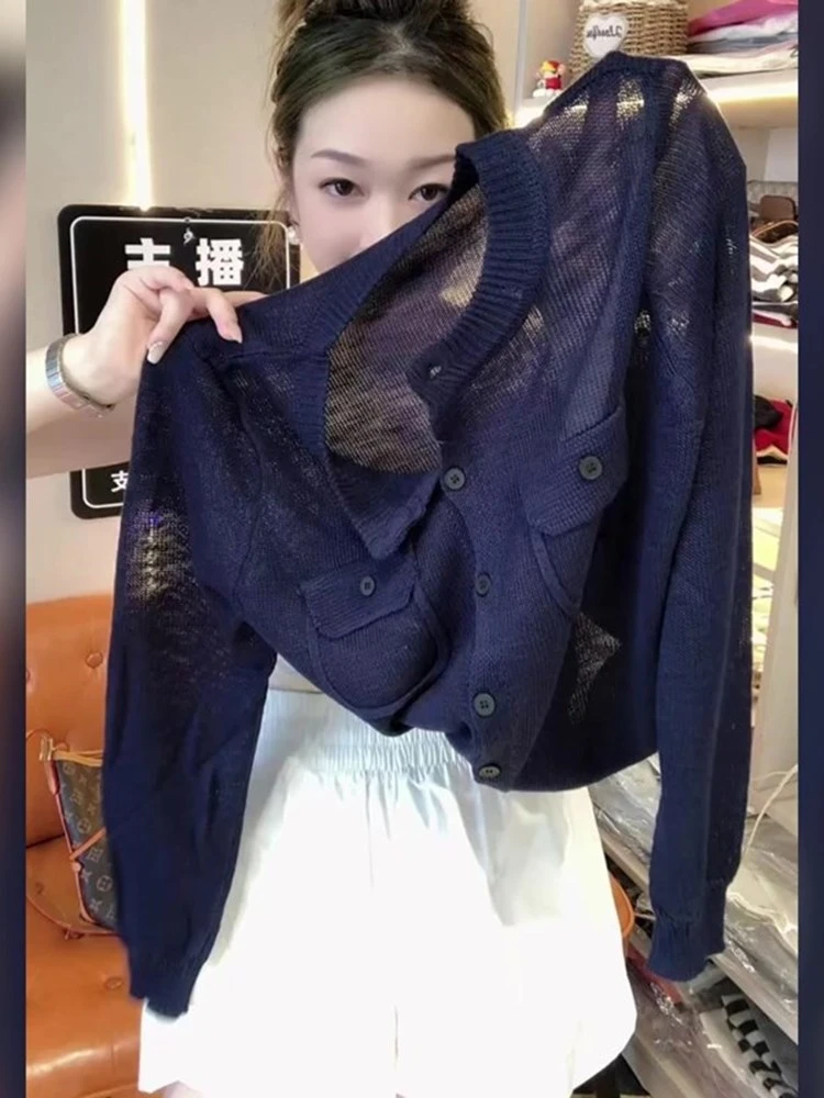 时尚气质欧货高级感简约藏蓝色针织衫秋季流行百搭显瘦宽松长袖女