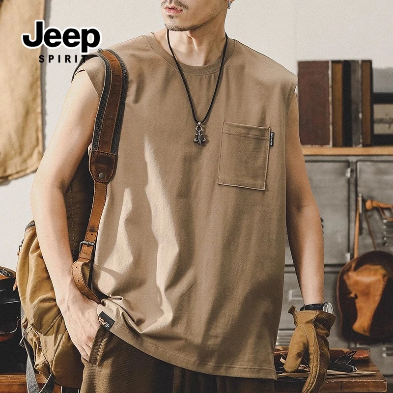 JEEPSPIRIT吉普夏季背心男美式复古潮流帅气百搭宽松舒适圆领背心