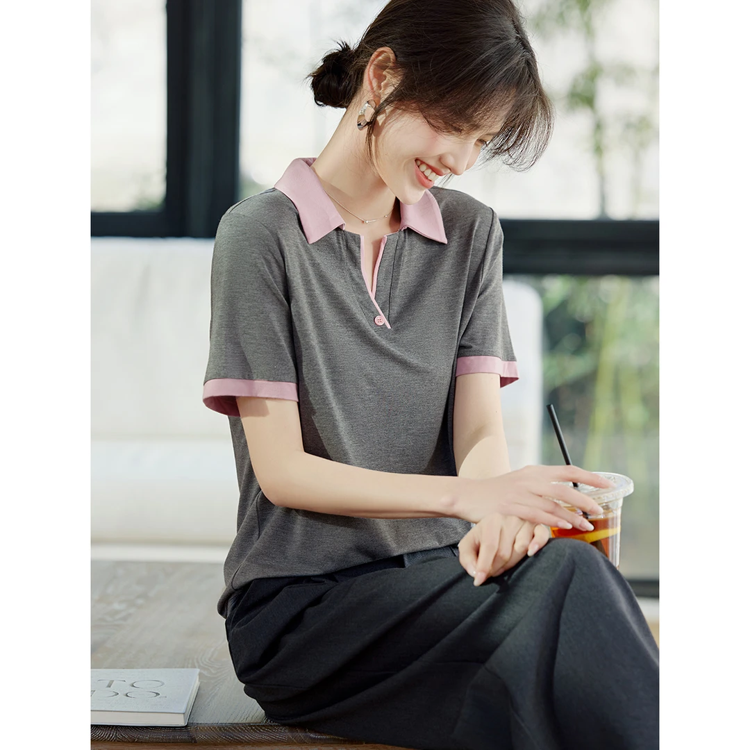 XWI/欣未知性拼色PoloT恤2025秋夏拼接撞色Polo领短袖T恤女装7334