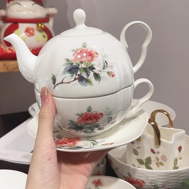 瓷片山茶茶花子母壶3件套