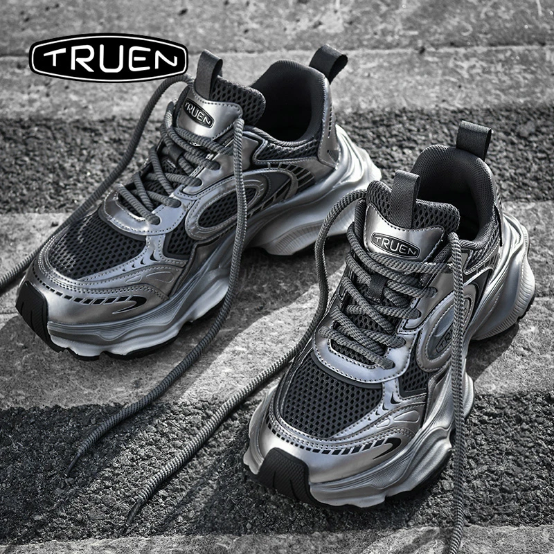 真恩老爹鞋男秋季响尾蛇银黑色网面透气休闲运动厚底增鞋子男鞋