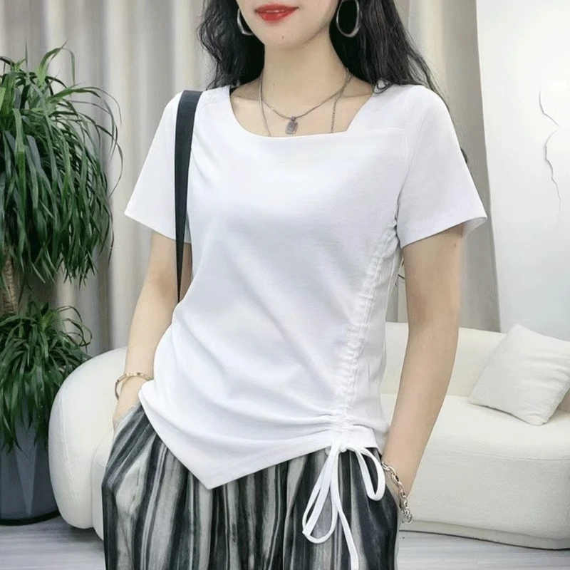 辣妹方领抽绳白色短袖t恤女夏装2025年爆款百搭半袖短款开衩上衣