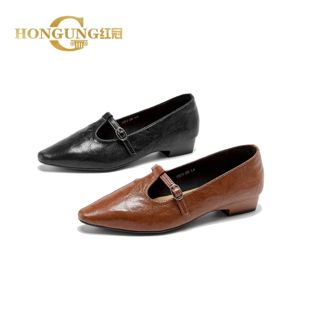 红冠新款法式小香风玛丽珍鞋55503尖头钉子扣女鞋