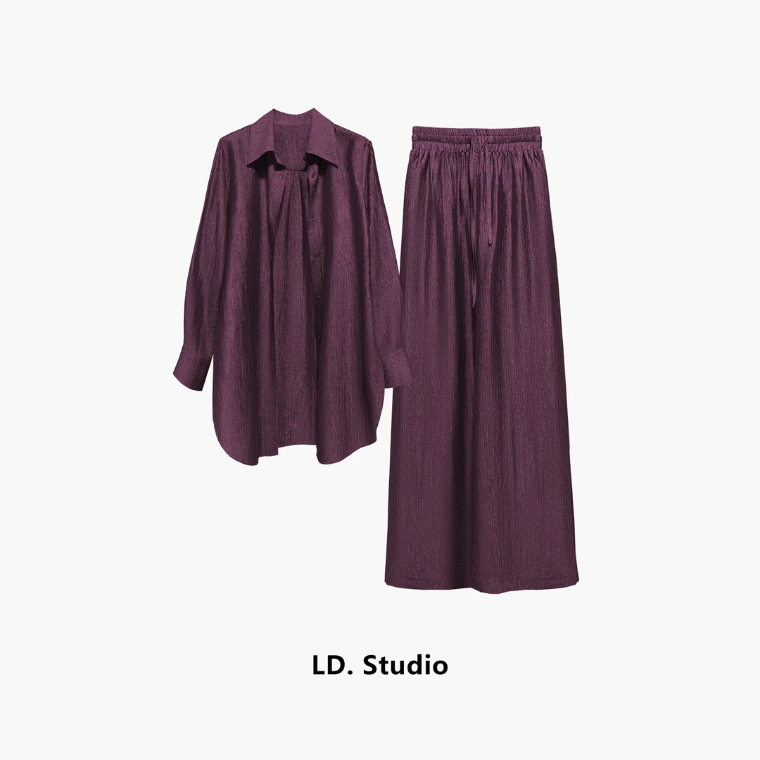 25年夏季醋酸缎面穿搭女装新款气质轻薄衬衫阔腿裤两件套LDT3052