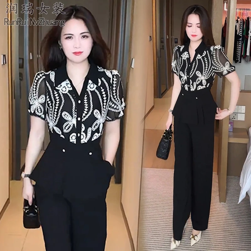 显瘦印花时尚套装女2025夏季新款衬衫轻熟风洋气衬衫阔腿裤两件套