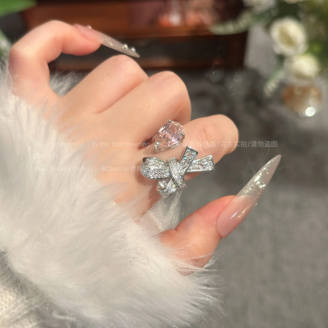 铜合金合成锆石戒指 C554糖果粉水滴戒指ins气质甜美少女网红轻奢