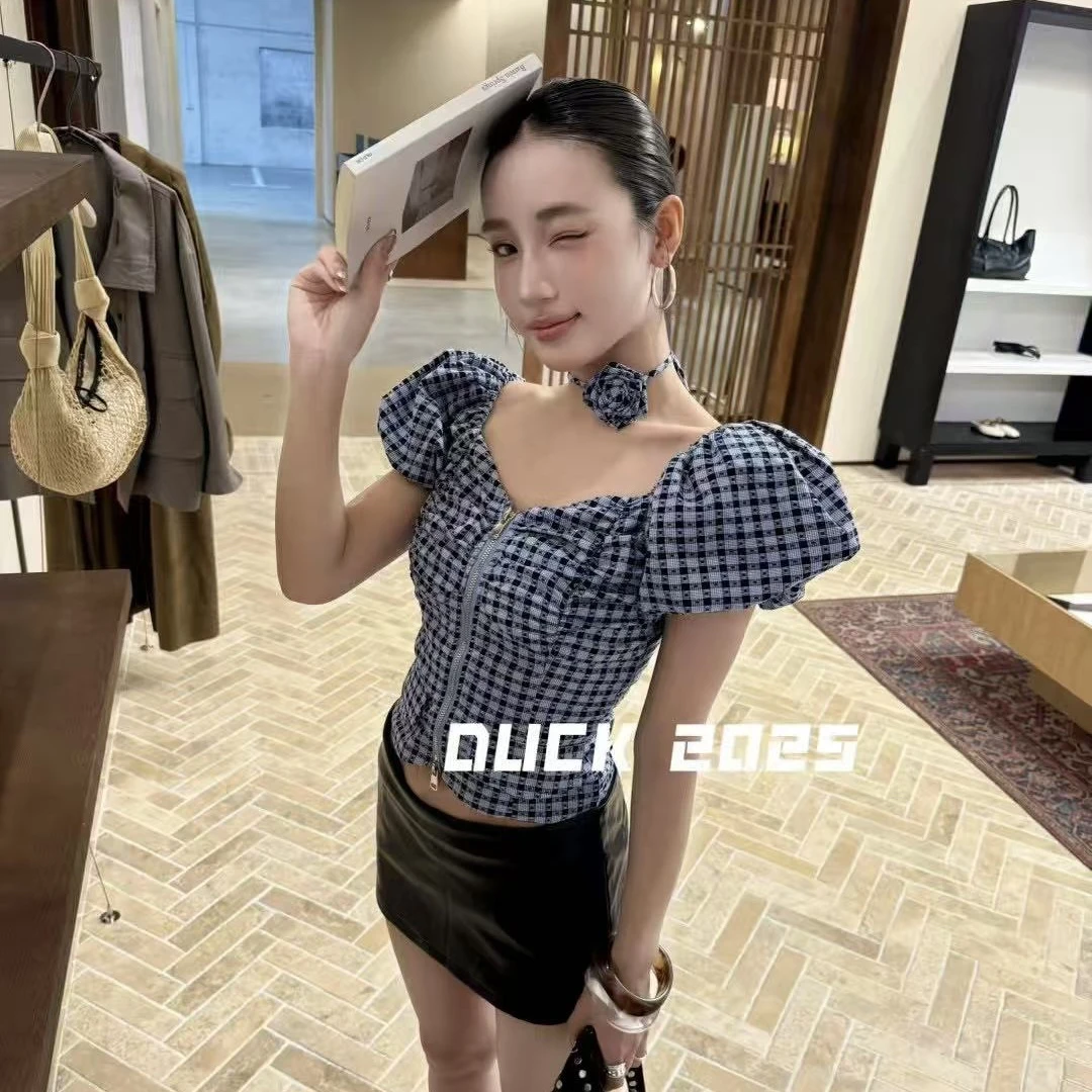 雯雯家 2025夏季新款DUCK原创格纹拉链显瘦短款上衣