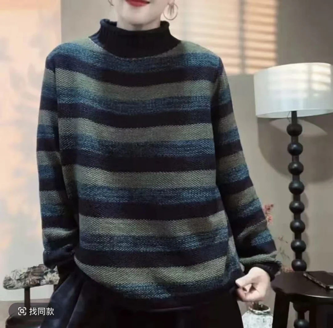 冬季针织长袖条纹拼色秋冬棉针织衫时尚套头衫毛衣