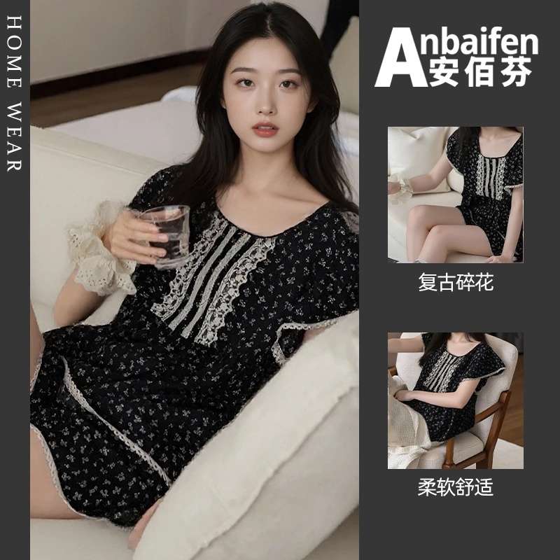 甜美少女睡衣女夏季凉感莫代尔冰丝小碎花黑色短袖短裤套装可外穿