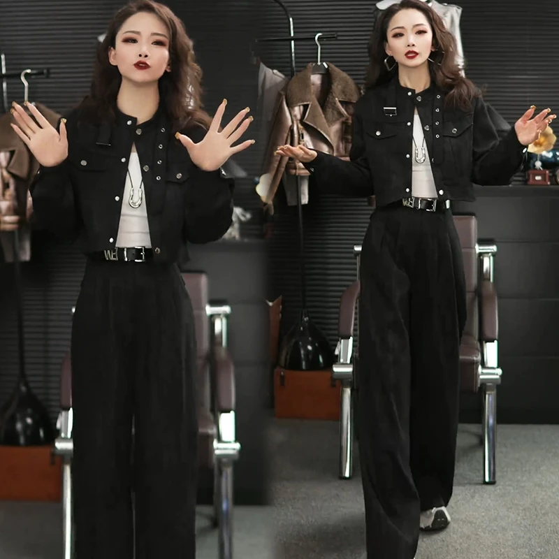 2025春秋季大码女装胖mm显瘦时髦炸街短款外套宽松阔腿裤一整套