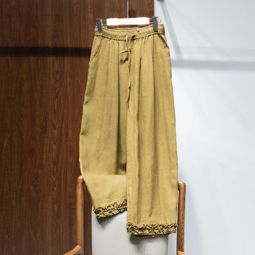 夏季薄款纯亚麻花边休闲裤女高腰显瘦显高直筒裤百搭麻料阔腿裤