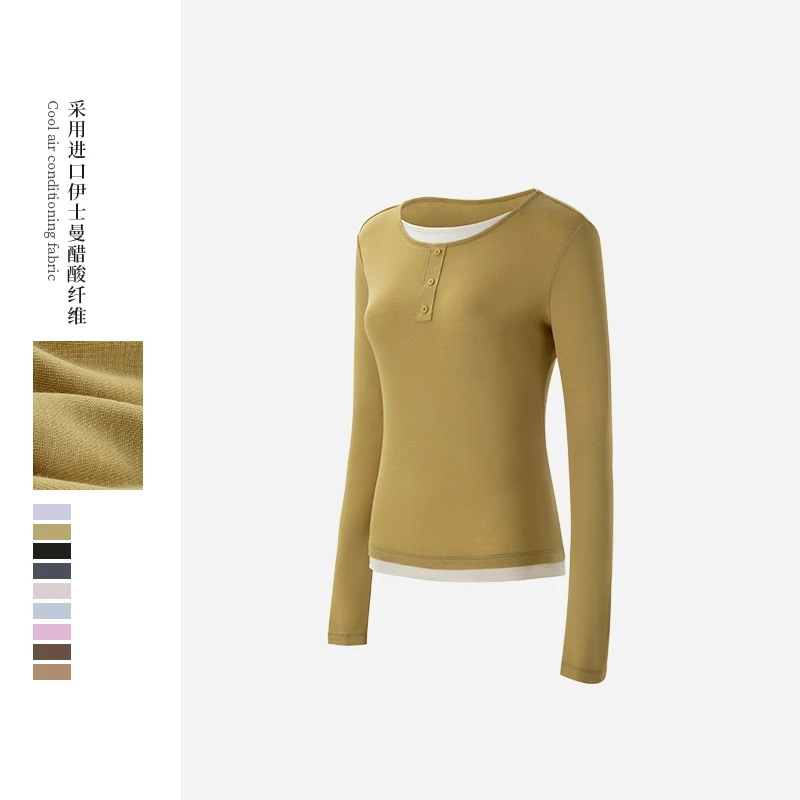 【ZHENXI甄兮】“韩国欧尼”简约百搭 圆领扣子款女士假两件 DJU8020