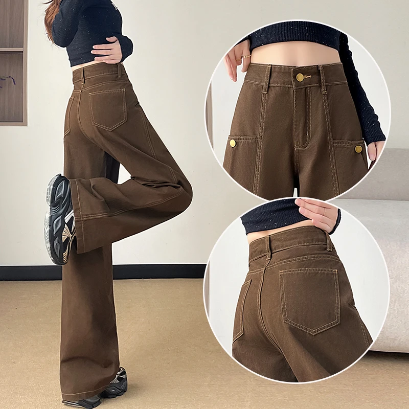 蜜蜜穿搭摩卡色多扣拼接阔腿牛仔裤女2025冬季爆款设计感直筒裤子